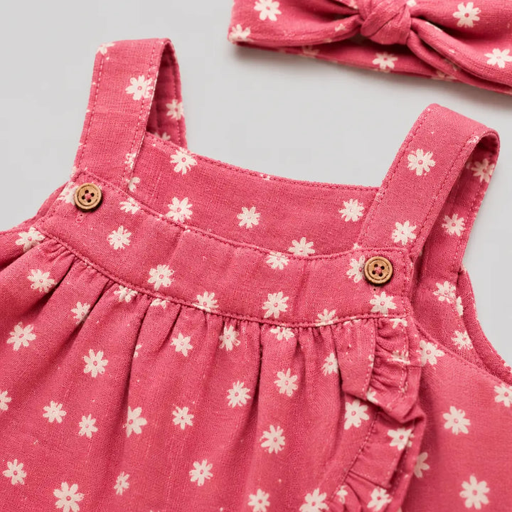 Pattuti Sustainable Double Gauge Set Of Dusty Red Print Frock Set With Panty + Hairband - Dusty Red