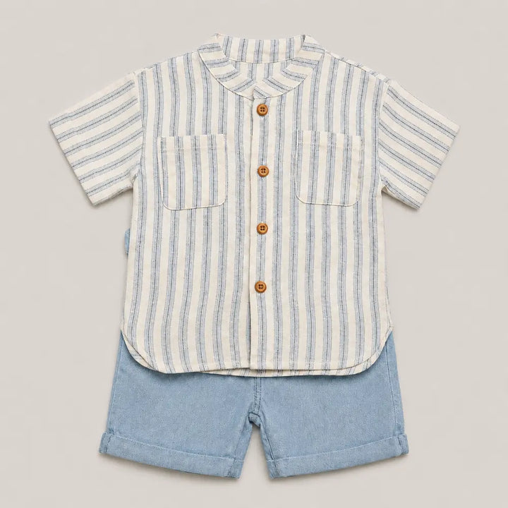 Pattuti Sustainable Linen Blend Set Of Shirt With Chambray Shorts - Sky Blue