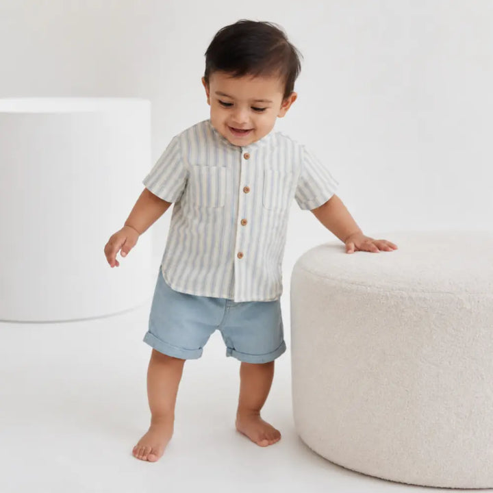 Pattuti Sustainable Linen Blend Set Of Shirt With Chambray Shorts - Sky Blue
