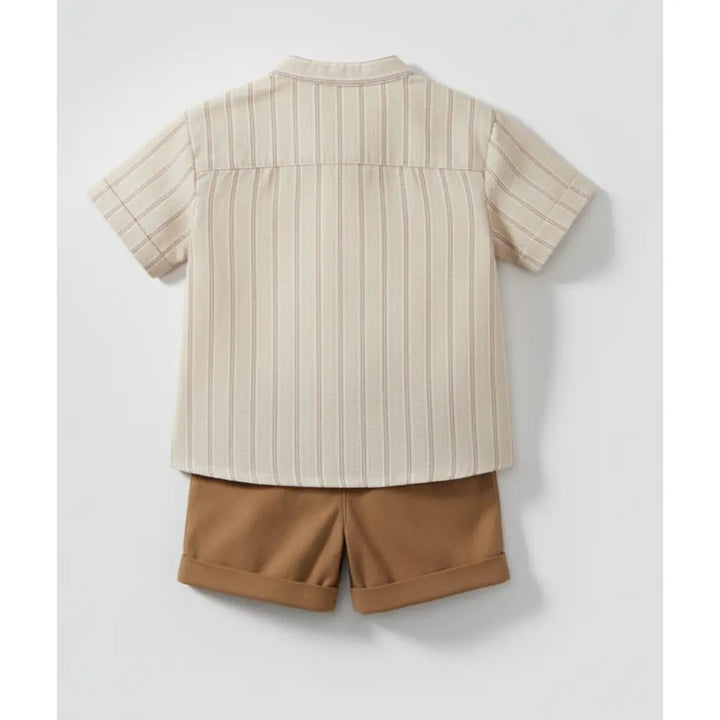 Pattuti Sustainable Linen Blend Shirt &amp; Chambray Shorts Co-ord Set For Kids - Brown