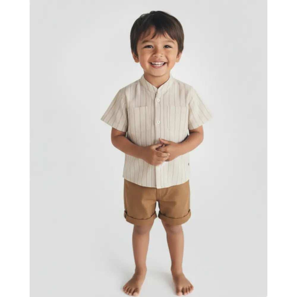 Pattuti Sustainable Linen Blend Shirt &amp; Chambray Shorts Co-ord Set For Kids - Brown