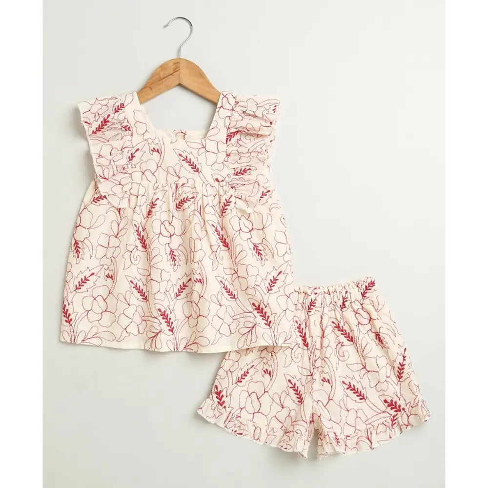 Sweetlime By AS Red Floral Embroidery Ruffle Organic Cotton Co-ord Set -  Beige &amp; Red
