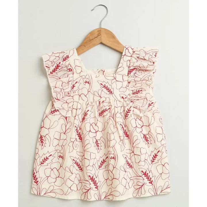 Sweetlime By AS Red Floral Embroidery Ruffle Organic Cotton Co-ord Set -  Beige &amp; Red