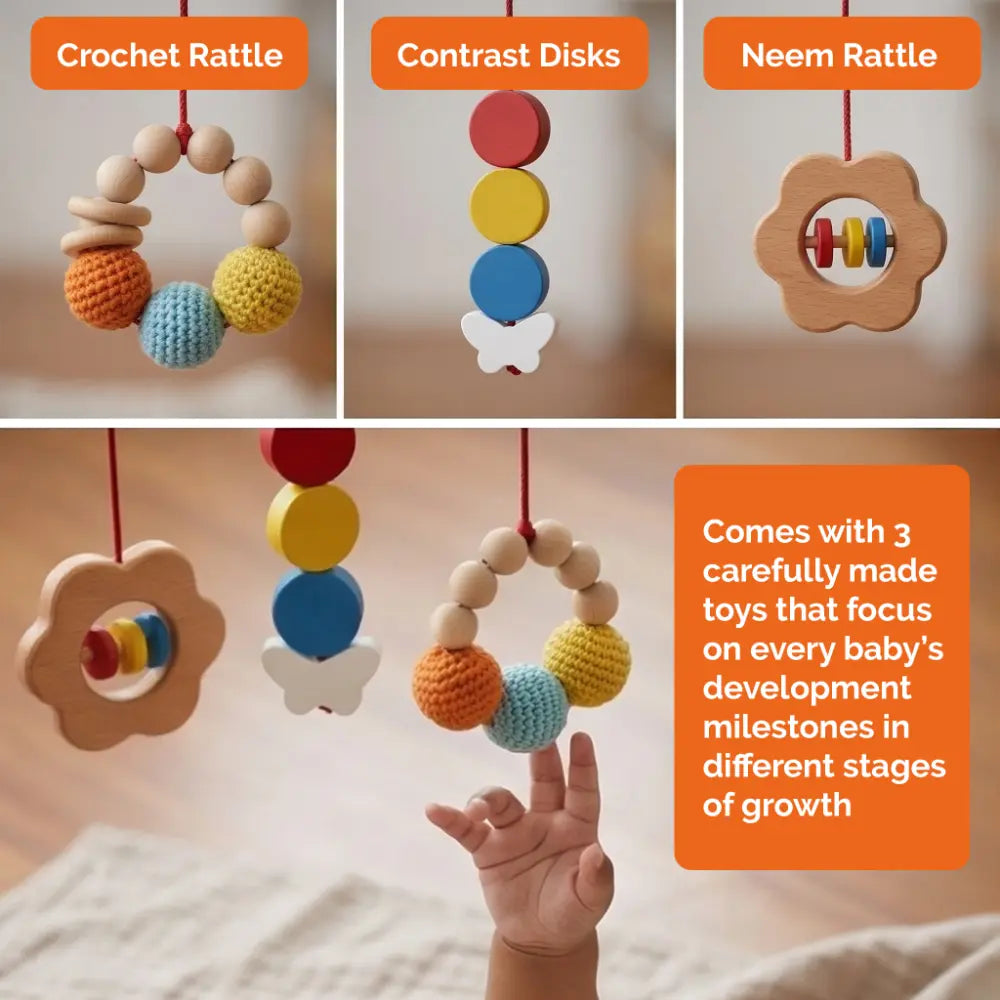 Shumee Wooden Montessori Baby Play Gym | Foldable Neem Wood Activity Gym with 3 Hanging Sensory Toys | Infant Development Toy | 0+ Months