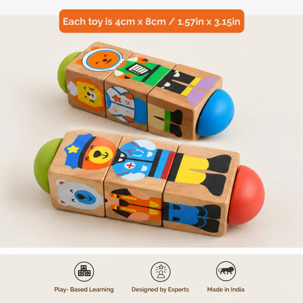 Shumee Wooden Professions Rotating Flipping Blocks Toy – Interactive Mix &amp; Match Community Helpers Puzzle for Toddlers (1 to 3 Years)