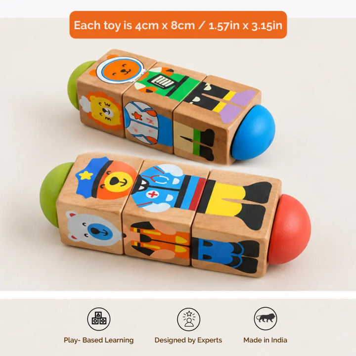 Shumee Wooden Professions Rotating Flipping Blocks Toy – Interactive Mix &amp; Match Community Helpers Puzzle for Toddlers (1 to 3 Years)