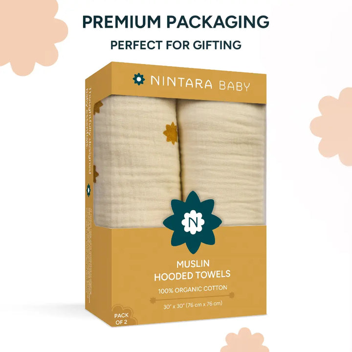 Nintara Baby Hooded Towel  -  100% Organic Premium Muslin Cotton, 30" x 30" (76 cm x 76 cm) -  Pack of 2 - Beige Set