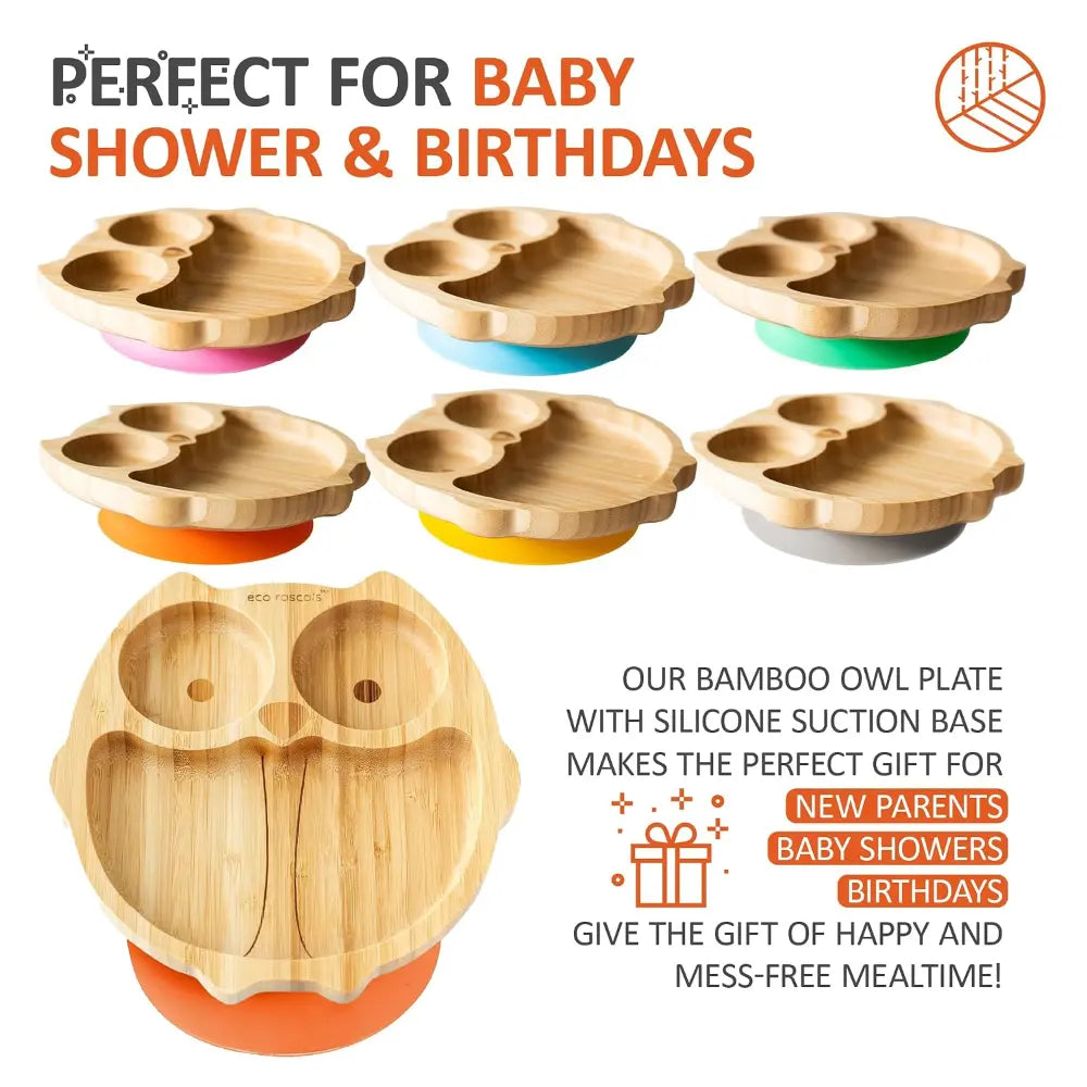 Eco Rascals Bamboo Owl Shaped Plate - Baby Led Weaning, 3 Section Plate - Non Toxic, Natural Bamboo with Strong Suction, FDA Approved, 100% Silicone Suction Bases, BPA-PVC Free - Orange