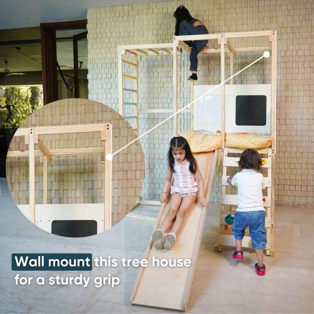Curious Cub Playloft Indoor Jungle Gym | 8 Components - Rod Climbing, Monkey Bar, Rock Climbing, Slide, Rope Climbing, Playloft (Mattress included), Blackboard, Whiteboard | Ages 2-15 Years