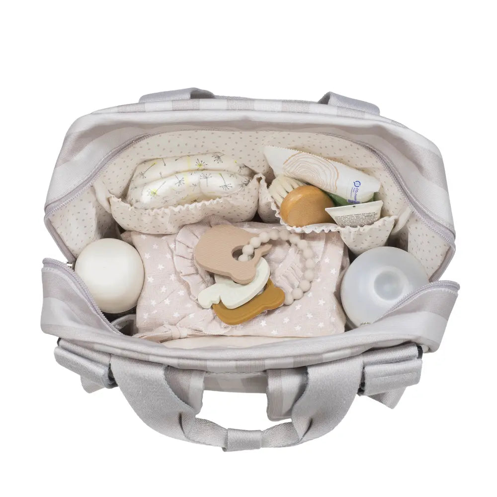 Walking Mum Diaper Backpack with Changing Pad, Large Capacity, Water-Resistant with Multi-Pocket Organizer, Insulated Bottle Pocket, Shoulder &amp; Stroller Straps, Personalized Charm, Striped Print - Beige