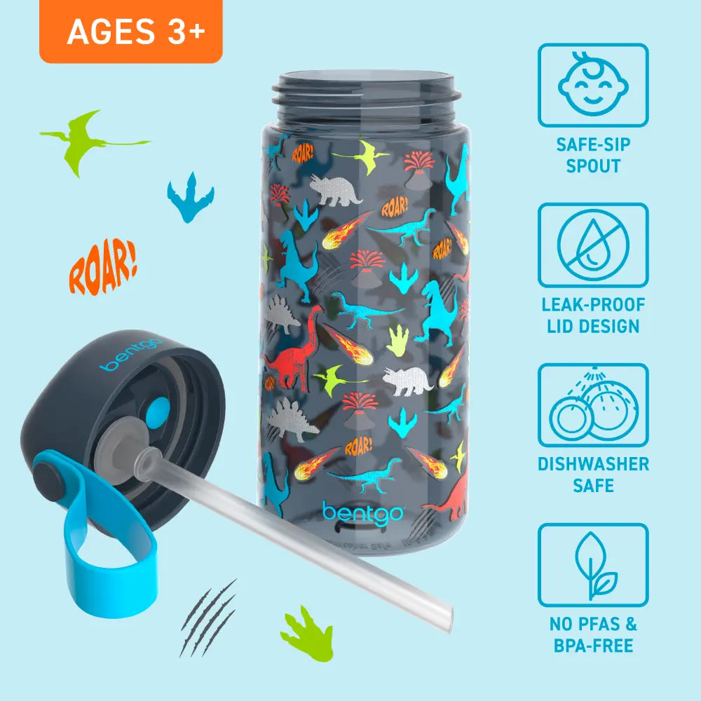 Bentgo Kids Water Bottle 450 ml, Leak-Proof Straw Bottle for Kids, Lightweighted &amp; Durable, BPA &amp; PFAS-Free Tritan Water Bottle, Ideal for School, Daycare &amp; Travel, 3 years+ - Dinosaur