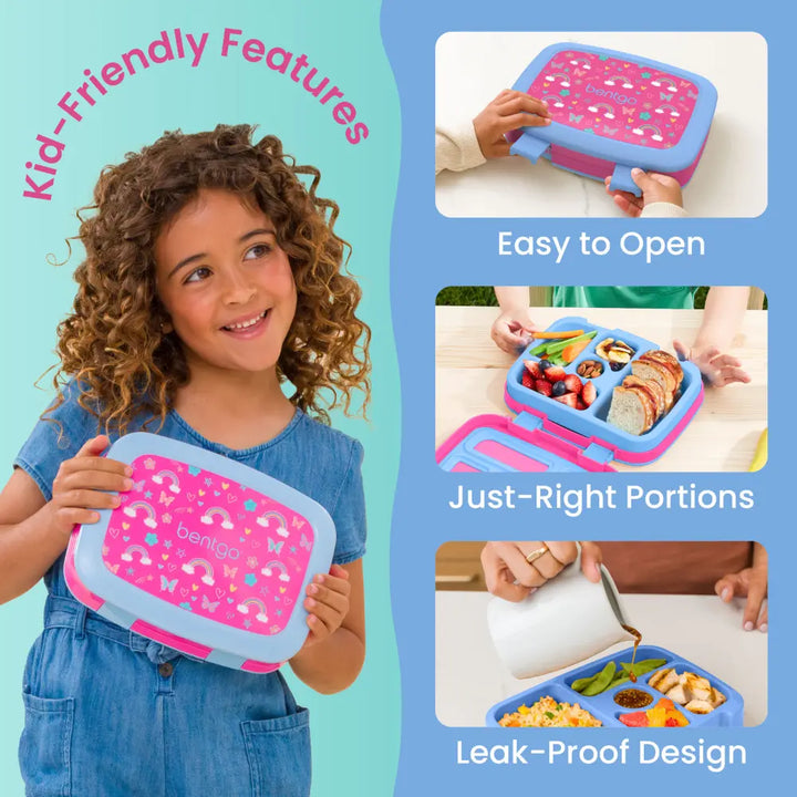 Bentgo Kids Prints with 5 Compartments, Leak-Proof Bento Lunch Box, BPA &amp; PFAS-Free, Microwave &amp; Dishwasher Safe Tray,  3–7 Years - Rainbow &amp; Butterflies