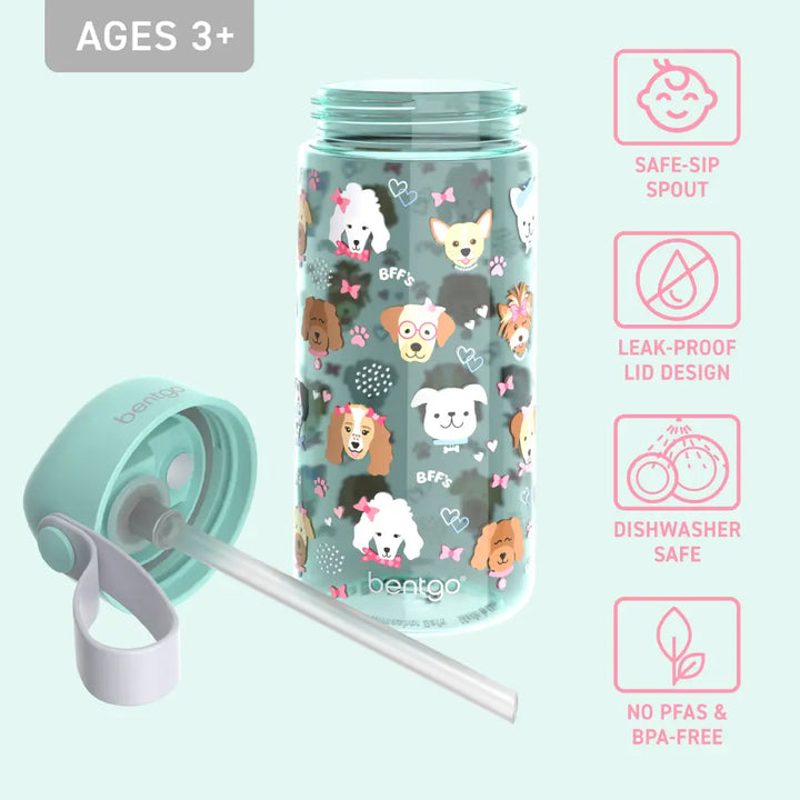 Bentgo Kids Water Bottle 450 ml, Leak-Proof Straw Bottle for Kids, Lightweighted &amp; Durable, BPA &amp; PFAS-Free Tritan Water Bottle, Ideal for School, Daycare &amp; Travel, 3 years+ - Puppy Love