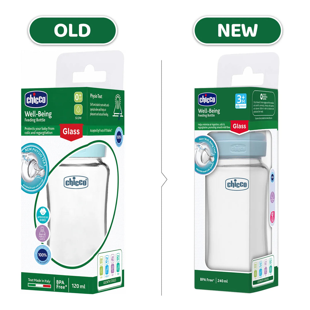 Chicco Well-Being Glass Feeding Bottle (240ml, Medium Flow) - Blue