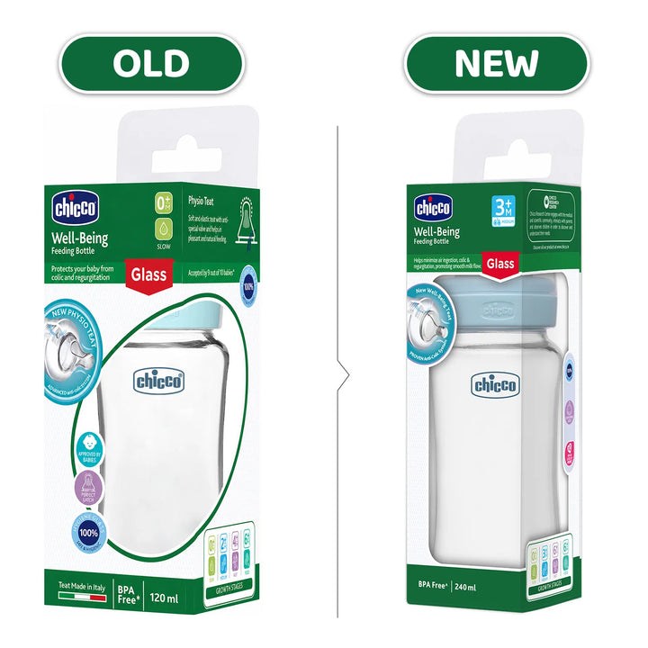 Chicco Well-Being Glass Feeding Bottle (240ml, Medium Flow) - Blue