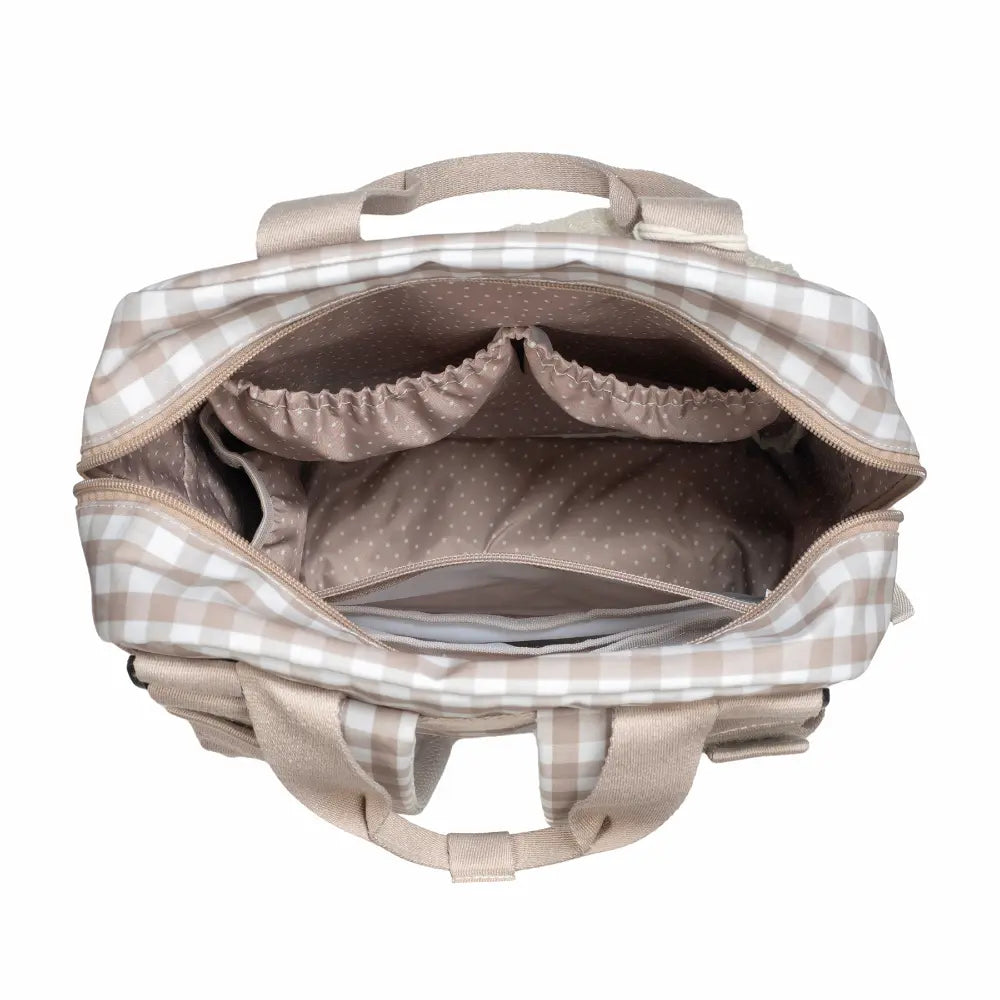 Walking Mum Diaper Backpack with Changing Pad, Large Capacity, Water-Resistant with Multi-Pocket Organizer, Insulated Bottle Pocket, Shoulder &amp; Stroller Straps, Personalized Charm, Checkered Print - Sand