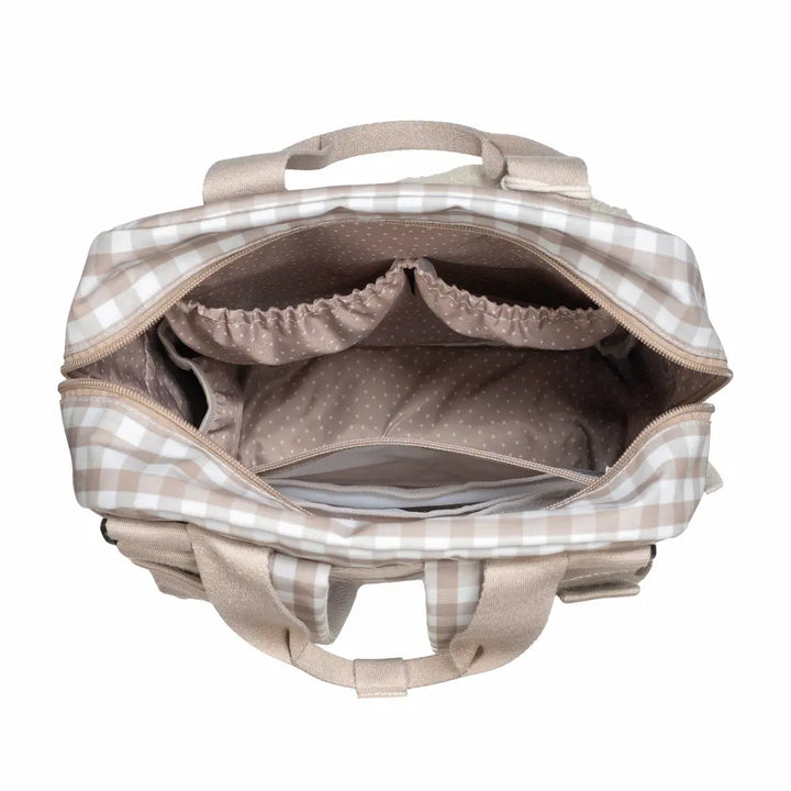 Walking Mum Diaper Backpack with Changing Pad, Large Capacity, Water-Resistant with Multi-Pocket Organizer, Insulated Bottle Pocket, Shoulder &amp; Stroller Straps, Personalized Charm, Checkered Print - Sand