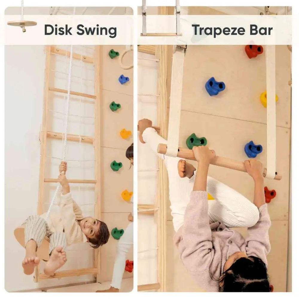 Curious Cub Ultimate Jungle Gym 4 | 7 Components - Wooden Ladder | Rope Ladder | Gymnastic Rings | Disk Swing | Trapeze Bar | Monkey Bars | Rock Climbing | Ages 4-15 Years