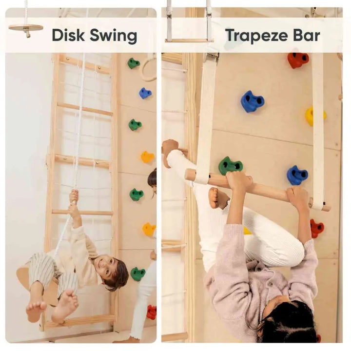 Curious Cub Ultimate Jungle Gym 4 | 7 Components - Wooden Ladder | Rope Ladder | Gymnastic Rings | Disk Swing | Trapeze Bar | Monkey Bars | Rock Climbing | Ages 4-15 Years