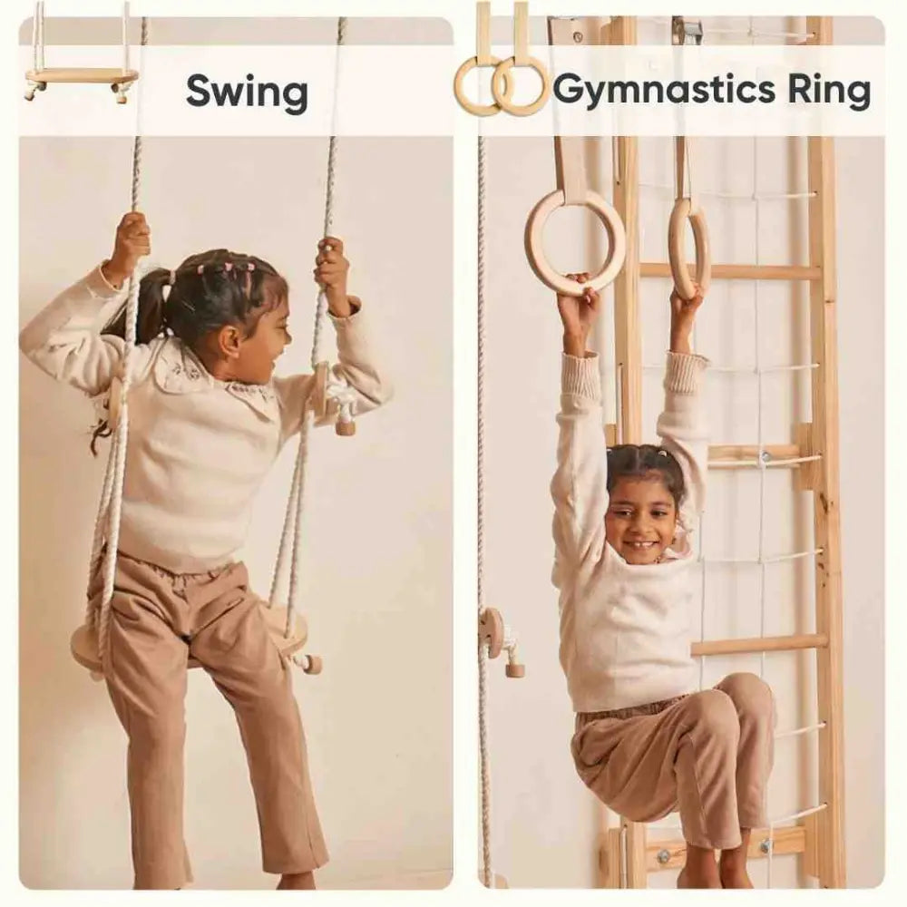 Curious Cub Ultimate Jungle Gym 2 | 6 Components - Monkey Bar, Wooden Ladder, Rope Ladder, Gymnastic Rings, Swing Trapeze bar | Ages 4-15 Years
