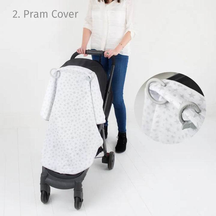 Cheeky Chompers 6-in-1 Muslin Breastfeeding Cover &amp; Teething Cloth, Bamboo &amp; Organic Cotton, Multi-Use Baby Essential with Silicone Teething Rings, Lightweight &amp; Breathable, Newborn+ - Silver Stars