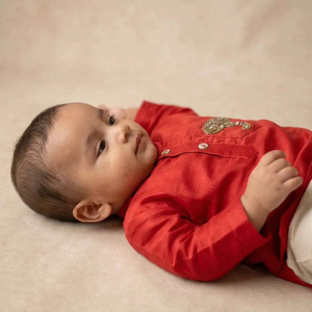 PureCloth.Co Royal Elephant | Boys Silk Kurta Pyjama Red
