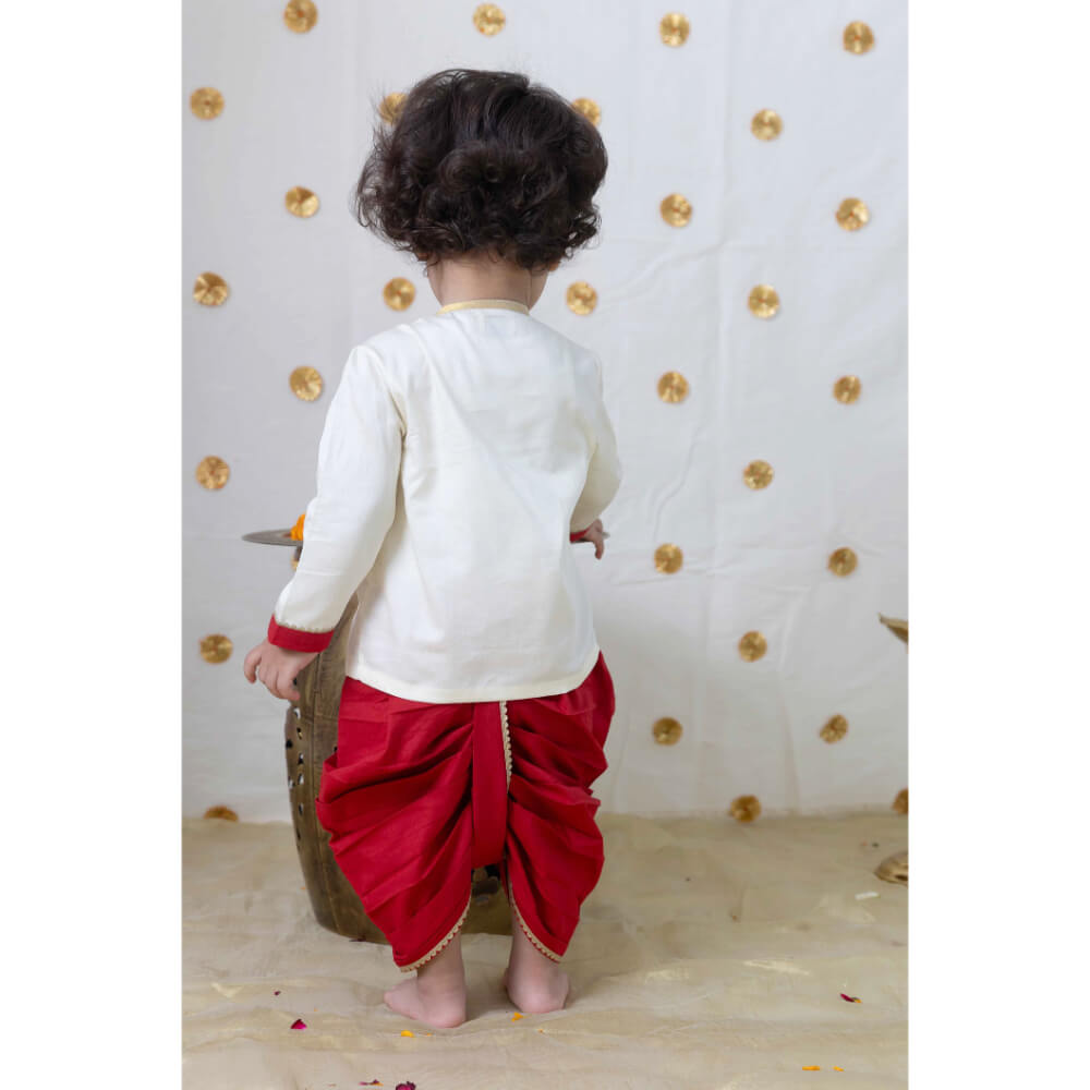 Tiber Taber Baby Boy Ganesha Embroidered Cotton Dhoti Kurta Set - Cream