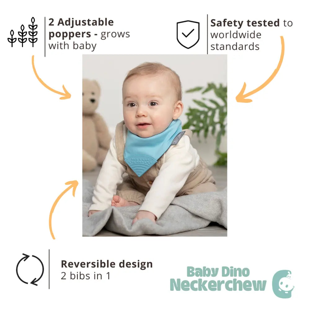 Cheeky Chompers Neckerchew for Babies &amp; Toddlers, Reversible Bib with Attached Silicone Teether, Super Absorbent, BPA-Free, 2–24 Months - Baby Dino