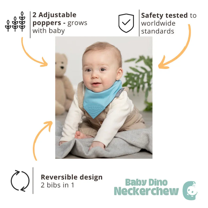 Cheeky Chompers Neckerchew for Babies &amp; Toddlers, Reversible Bib with Attached Silicone Teether, Super Absorbent, BPA-Free, 2–24 Months - Baby Dino