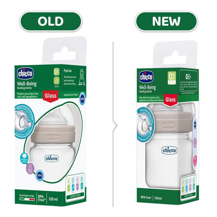 Chicco Well-Being Glass Feeding Bottle (120ml, Slow Flow) - Neutral