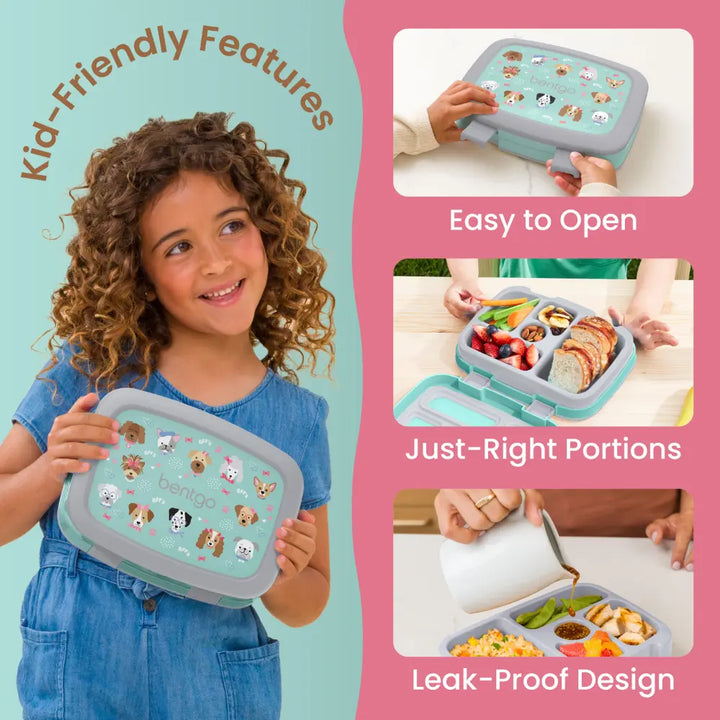 Bentgo Kids Prints with 5 Compartments, Leak-Proof Bento Lunch Box, BPA &amp; PFAS-Free, Microwave &amp; Dishwasher Safe Tray,  3–7 Years - Puppy Love