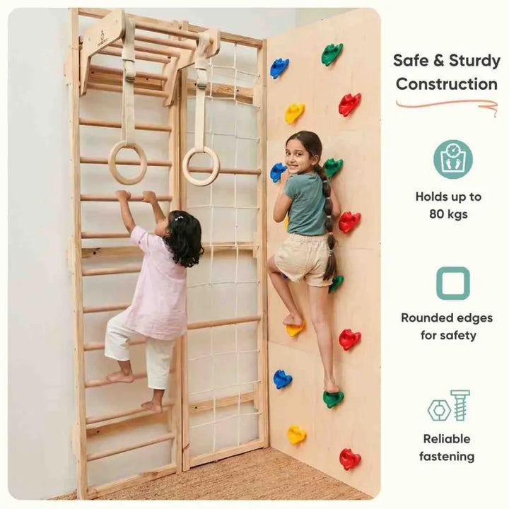 Curious Cub L-Shaped Corner Jungle Gym | 5 Components - Wooden Ladder, Moveable Monkey Bar, Rock Climbing, Rope ladder, Gymnastic Rings | Ages 4-15 Years