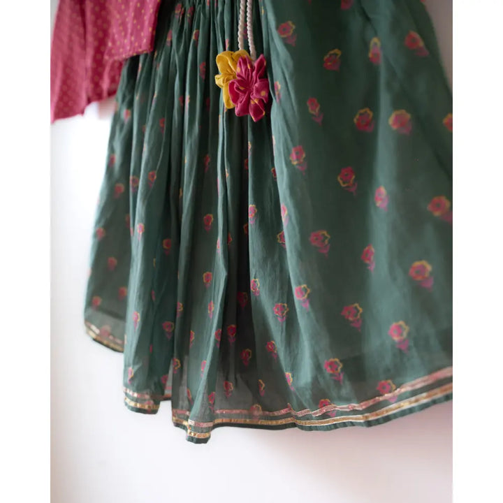 Love The World Today Kopal Magenta Polka Blouse &amp; Green Floral Booti Lehenga Set For Girls