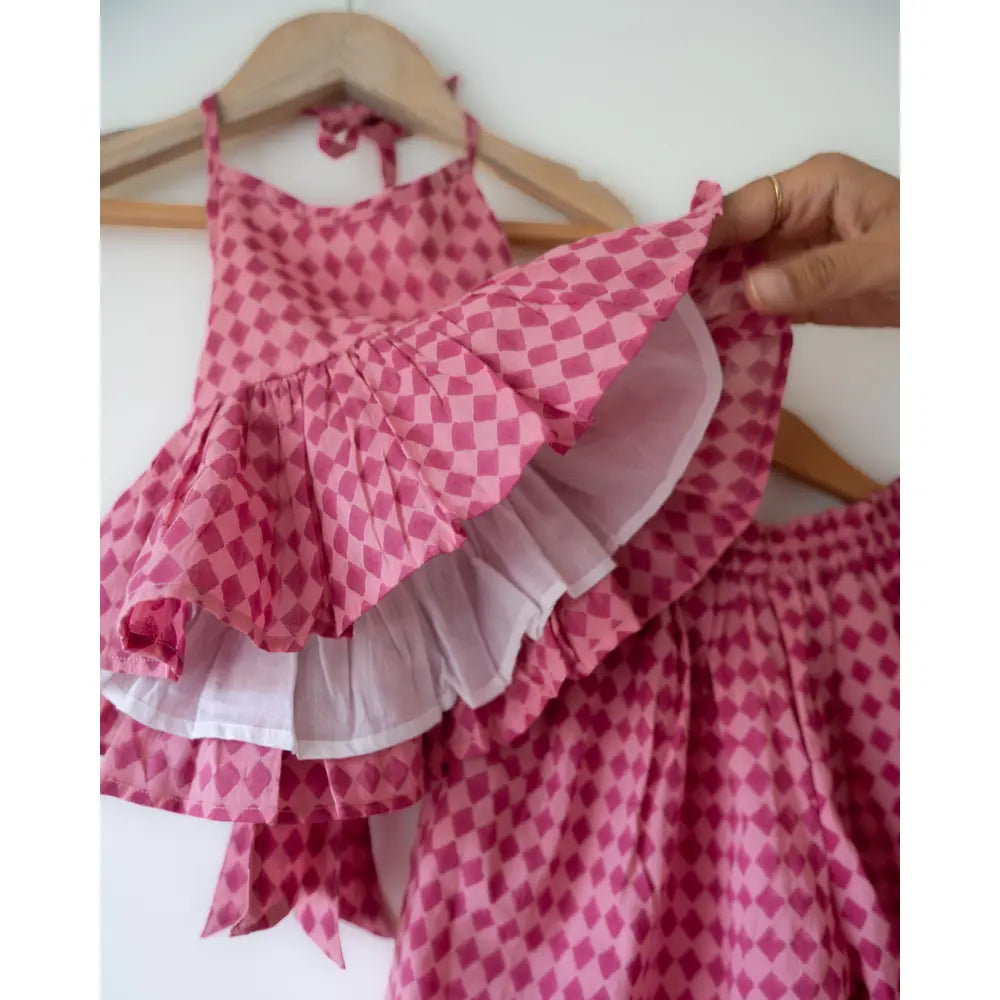 Love The World Today Mishri Pink Rhombus Halter Top &amp; Wide-Leg Palazzo Set For Girls