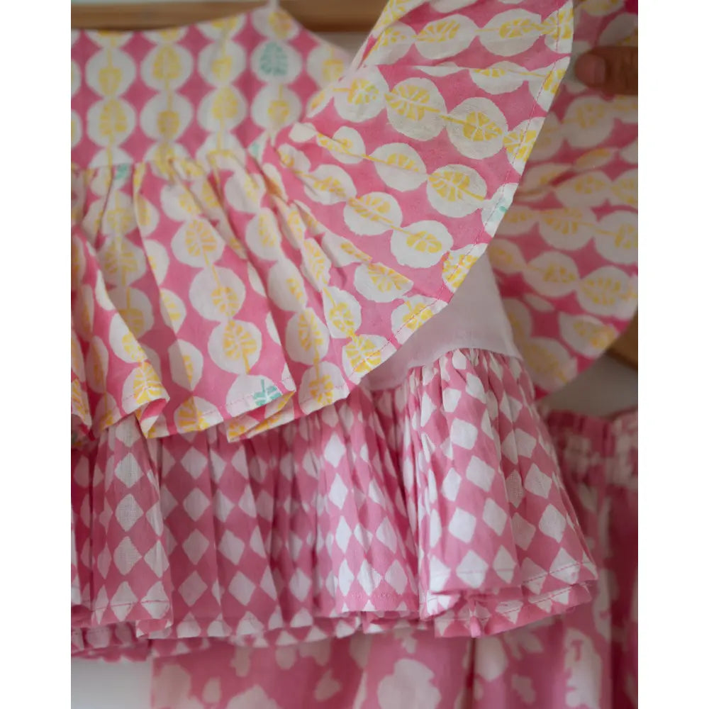 Love The World Today Leela Flared Top For Girls With Pink Floral Cowl Dhoti Pants Co-Ord Set