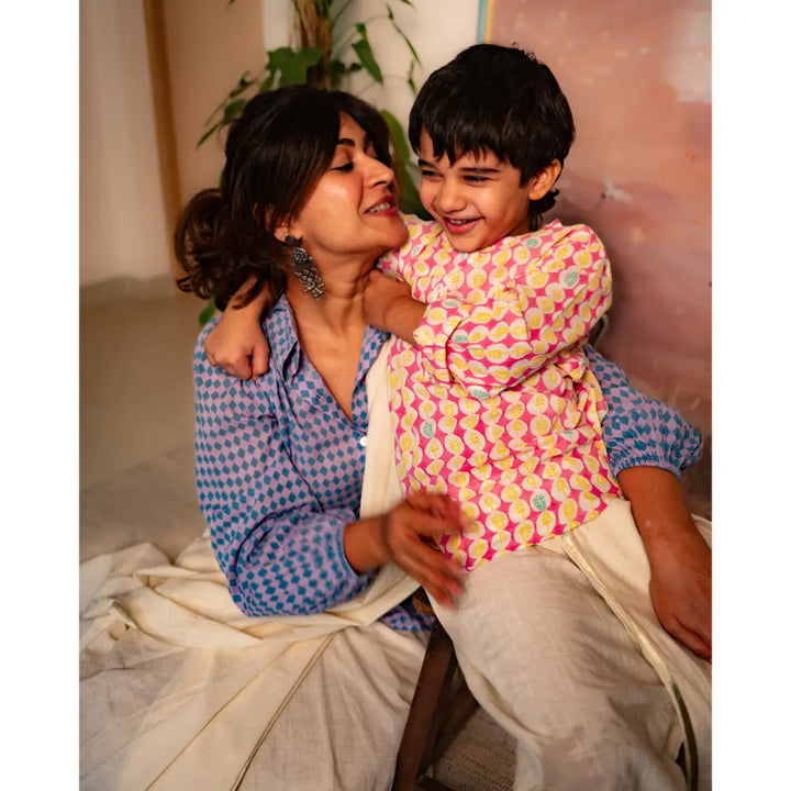 Love The World Today Leela Pink White Monstera Print Full Sleeve Shirt Kurta For Boys