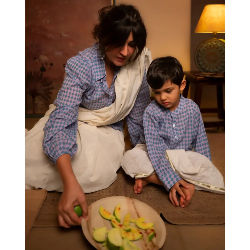 Love The World Today Saaz Purple Rhombus Full Sleeve Shirt Kurta For Boys