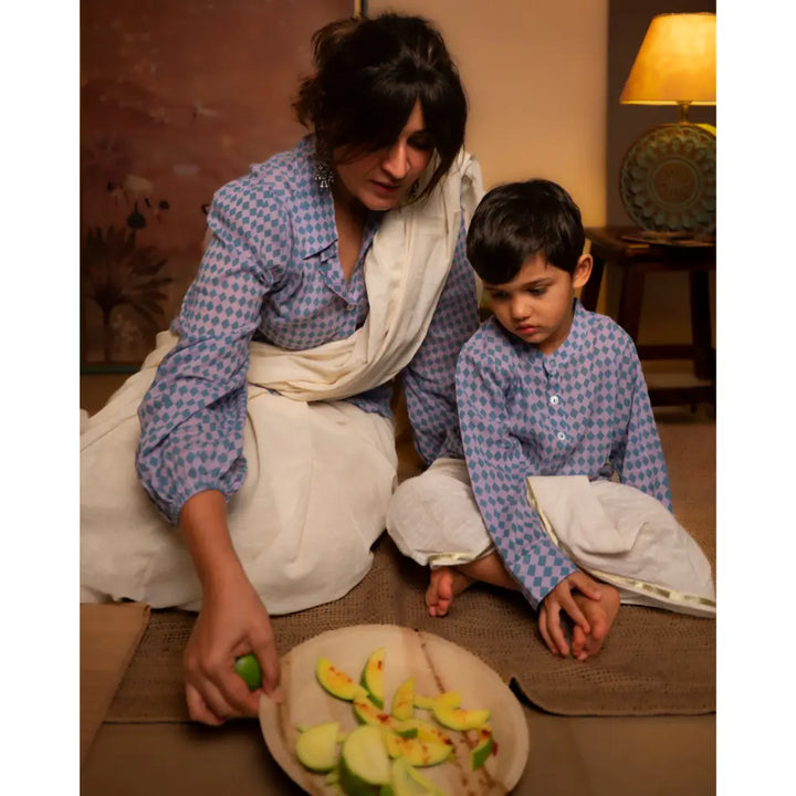 Love The World Today Saaz Purple Rhombus Full Sleeve Shirt Kurta For Boys