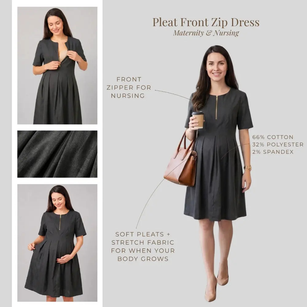SOL MAMA Pleat Front Zip Dress - Dark Grey