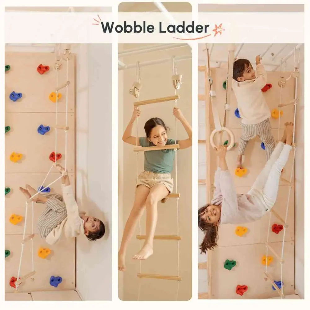 Curious Cub Space Saver Jungle Gym 3 | 6 Components - Wooden Ladder | Rock Climbing | Wobble Ladder | Monkey Bar | Gymnastics Ring | Disk Swing | Ages 4-15 Years
