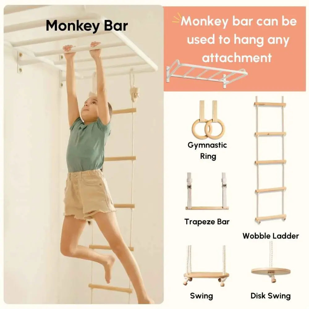 Curious Cub Space Saver Jungle Gym 4 | 5 Components - Wooden Ladder, Rope Ladder, Monkey Bar, Gymnastics Rings, Disk Swing | Ages 4-15 Years