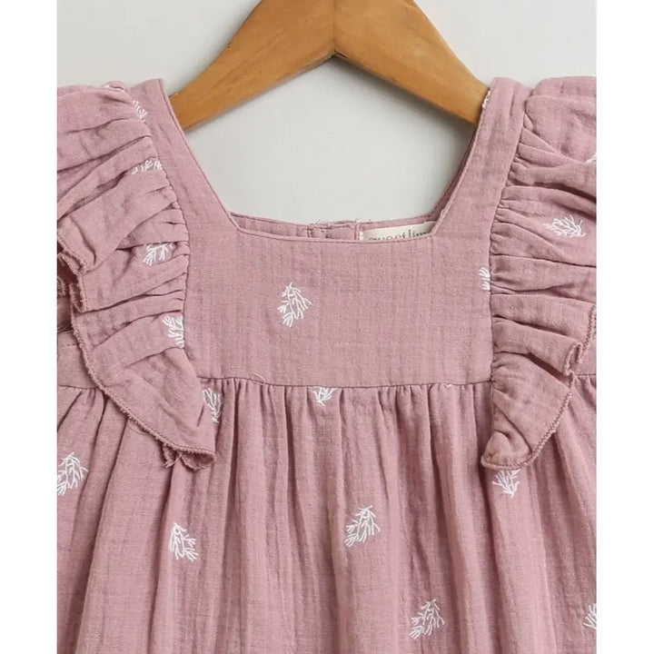 Sweetlime By AS Leaf Embroidered Ruffle Organic Cotton Co-ord Set - Dusty Pink