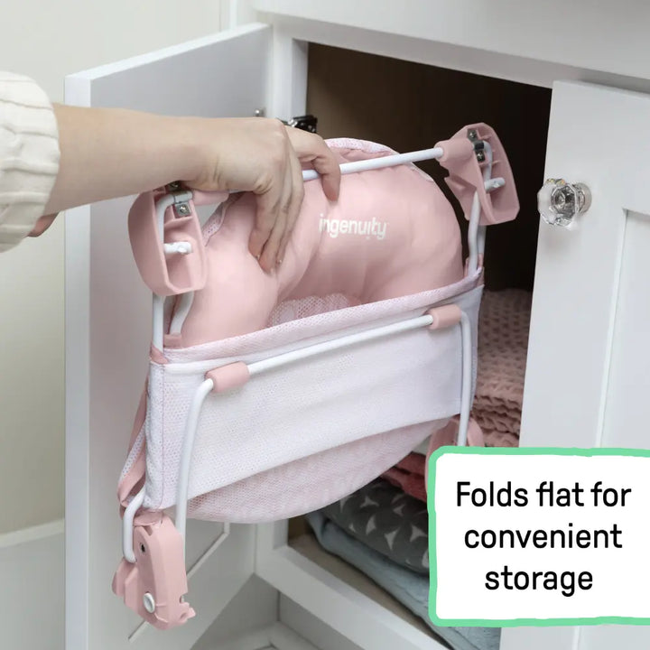 Ingenuity FoldAway 2-Position Baby Bath Bather with Mesh Sling &amp; Headrest, Pink, 0–6 Months, Upto 9 kgs