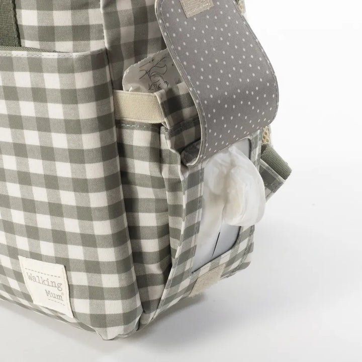 Walking Mum Diaper Backpack with Changing Pad, Large Capacity, Water-Resistant with Multi-Pocket Organizer, Insulated Bottle Pocket, Shoulder &amp; Stroller Straps, Personalized Charm, Checkered Print - Stone