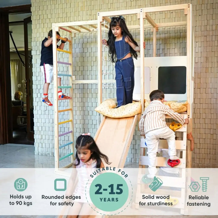 Curious Cub Playloft Indoor Jungle Gym | 8 Components - Rod Climbing, Monkey Bar, Rock Climbing, Slide, Rope Climbing, Playloft (Mattress included), Blackboard, Whiteboard | Ages 2-15 Years