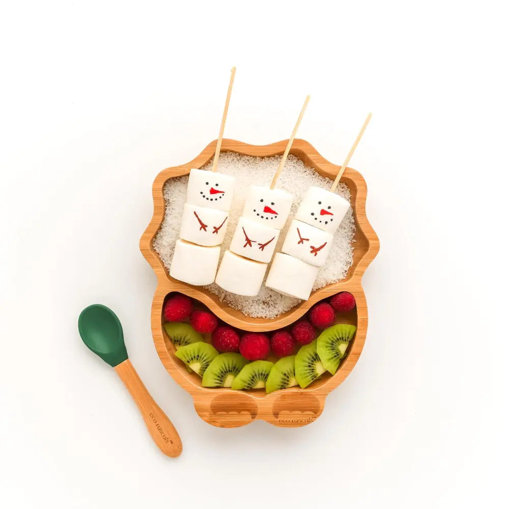 Eco Rascals Bamboo Dinosaur Shaped Plate - Baby Led Weaning, 2 Section Plate - Non Toxic, Natural Bamboo with Strong Suction, FDA Approved, 100% Silicone Suction Bases, BPA-PVC Free - Green
