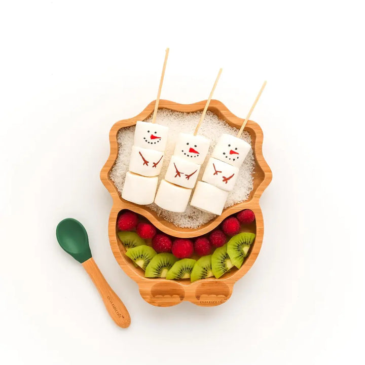 Eco Rascals Bamboo Dinosaur Shaped Plate - Baby Led Weaning, 2 Section Plate - Non Toxic, Natural Bamboo with Strong Suction, FDA Approved, 100% Silicone Suction Bases, BPA-PVC Free - Green