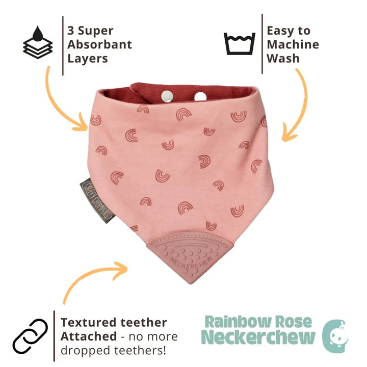 Cheeky Chompers Neckerchew for Babies &amp; Toddlers, Reversible Bib with Attached Silicone Teether, Super Absorbent, BPA-Free, 2–24 Months - Rainbow Rose