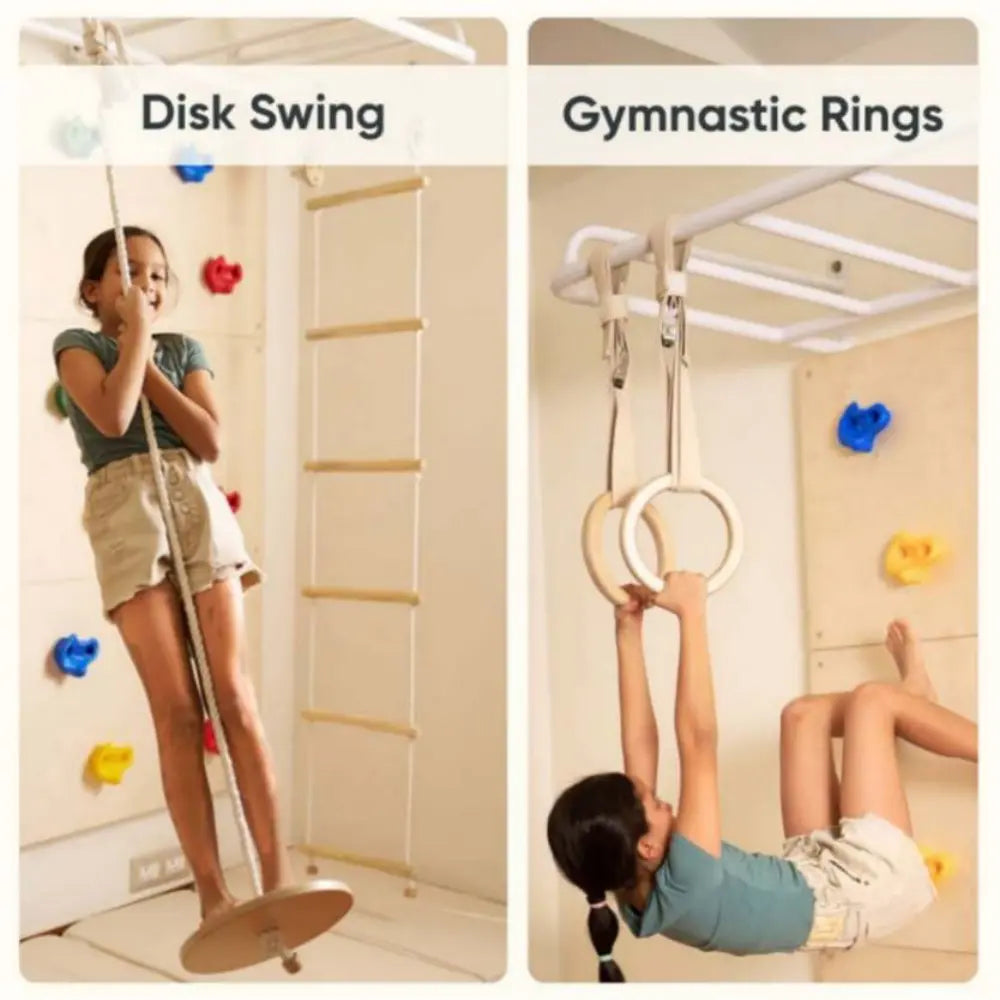 Curious Cub Space Saver Jungle Gym 2 | 6 Components - Rope Ladder, Rock Climbing, Wobble Ladder, Monkey Bar, Gymnastic Rings, Disk Swing | Ages 4-15 Years