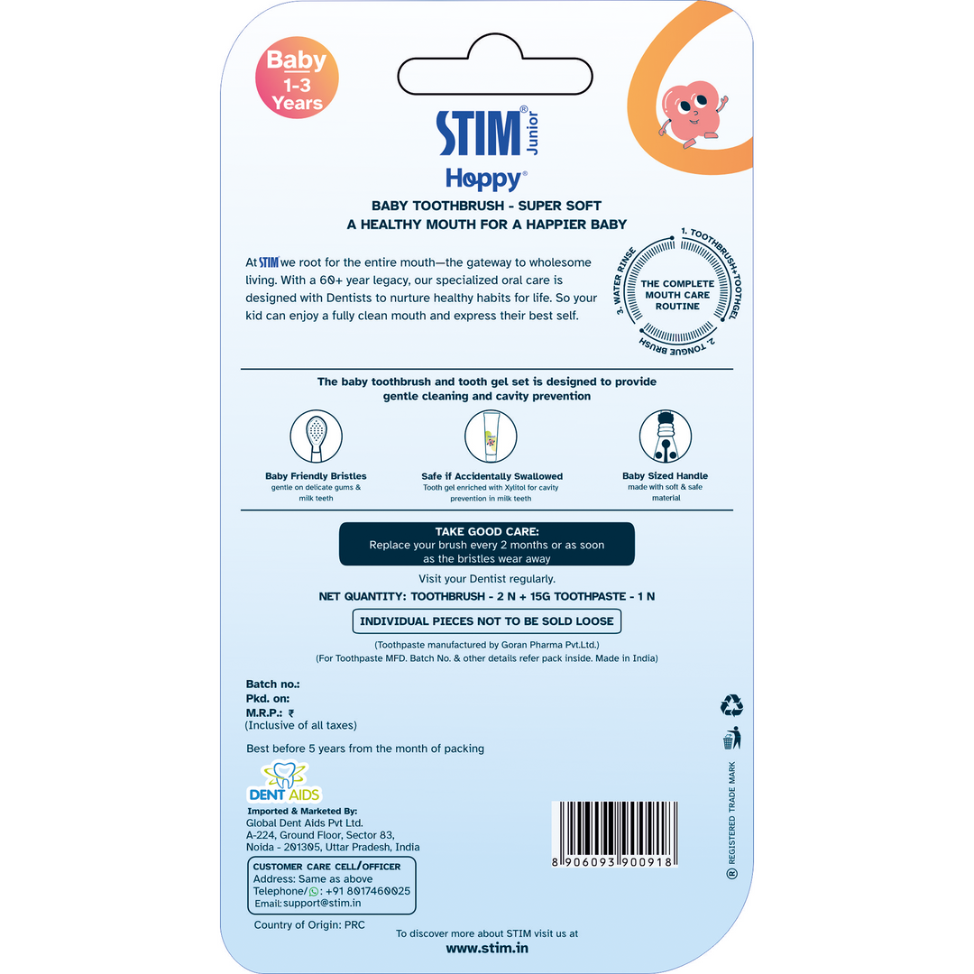 STIM Junior Baby Toothbrush | With Paste | 1-3 years | 2 Pcs - Multicolor